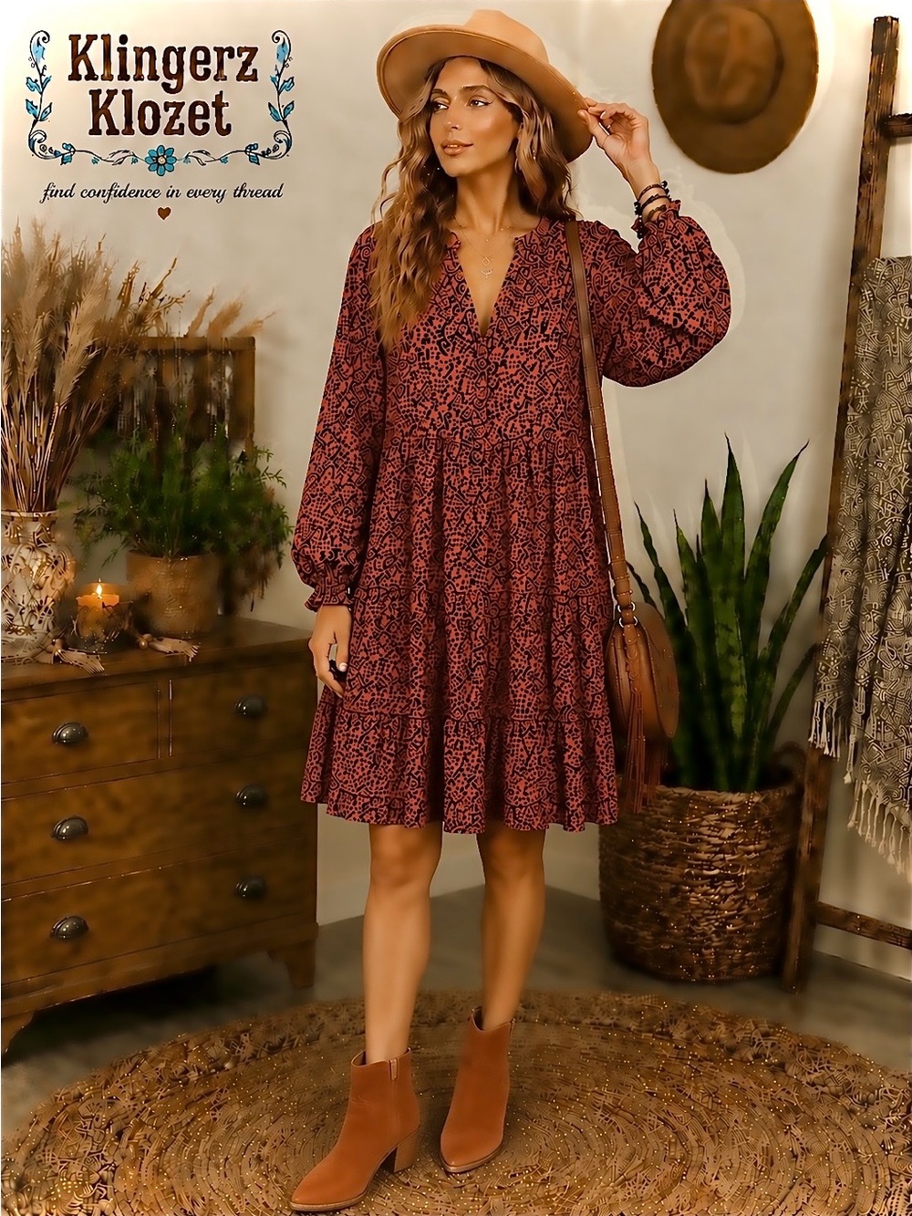 Bohemian  women’s plus size tiered Dress in earth tone Brown and Black colors